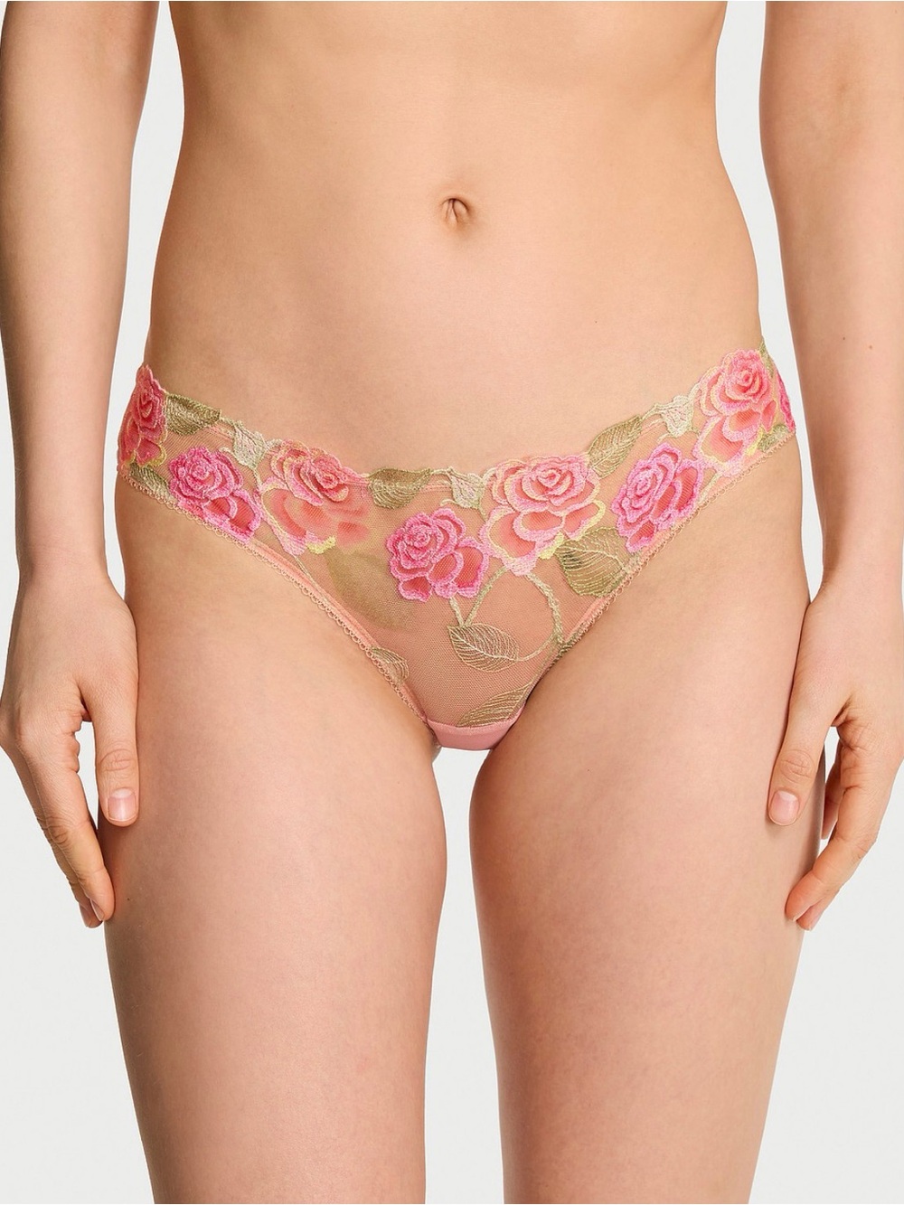 Victoria's Secret Pink & Gold Sheer Floral Embroidered Bikini Panty